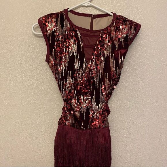 WEISSMAN Elite Dance Costume burgundy red sequin fringe Belong D13198 SA - Picture 3 of 14